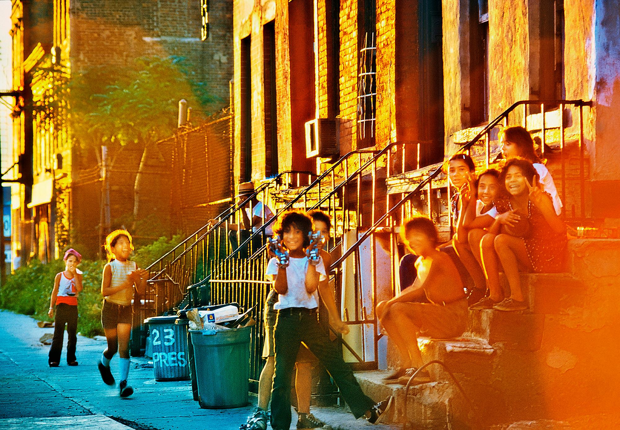 Mitchell Funk Color Photograph - Neighborhood Kids on Stoop in Red Hood Brooklyn  - Vintage Brooklyn 