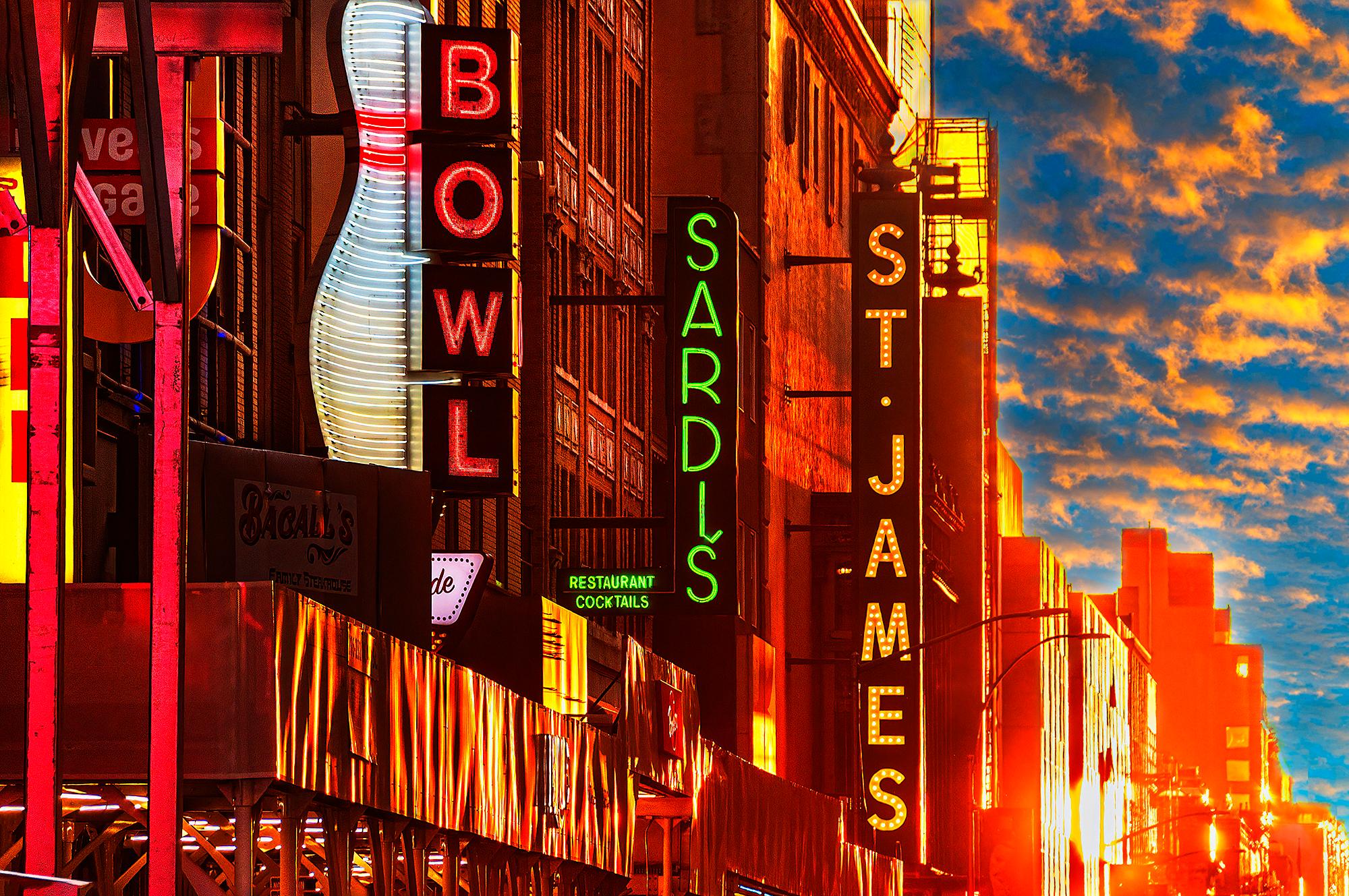 Mitchell Funk Landscape Photograph - Neon Signs Broadway Theater District in Dramatic Light