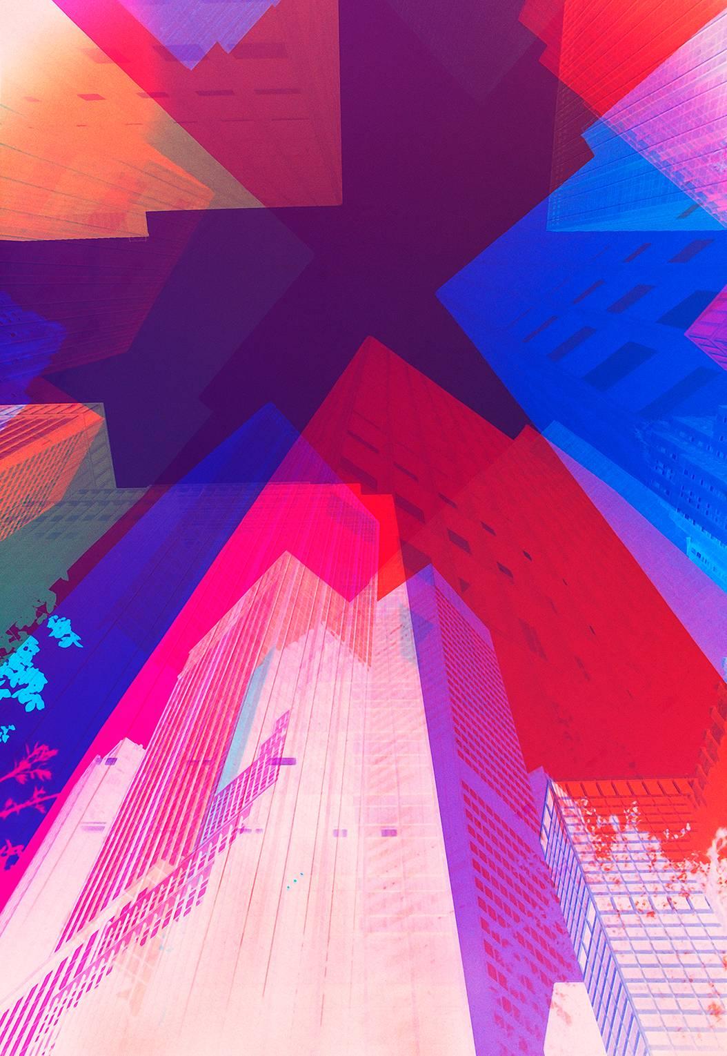 Mitchell Funk Color Photograph - New York City Abstract Multiple Exposure Kaleidoscope Reds  Blues, Architecture 