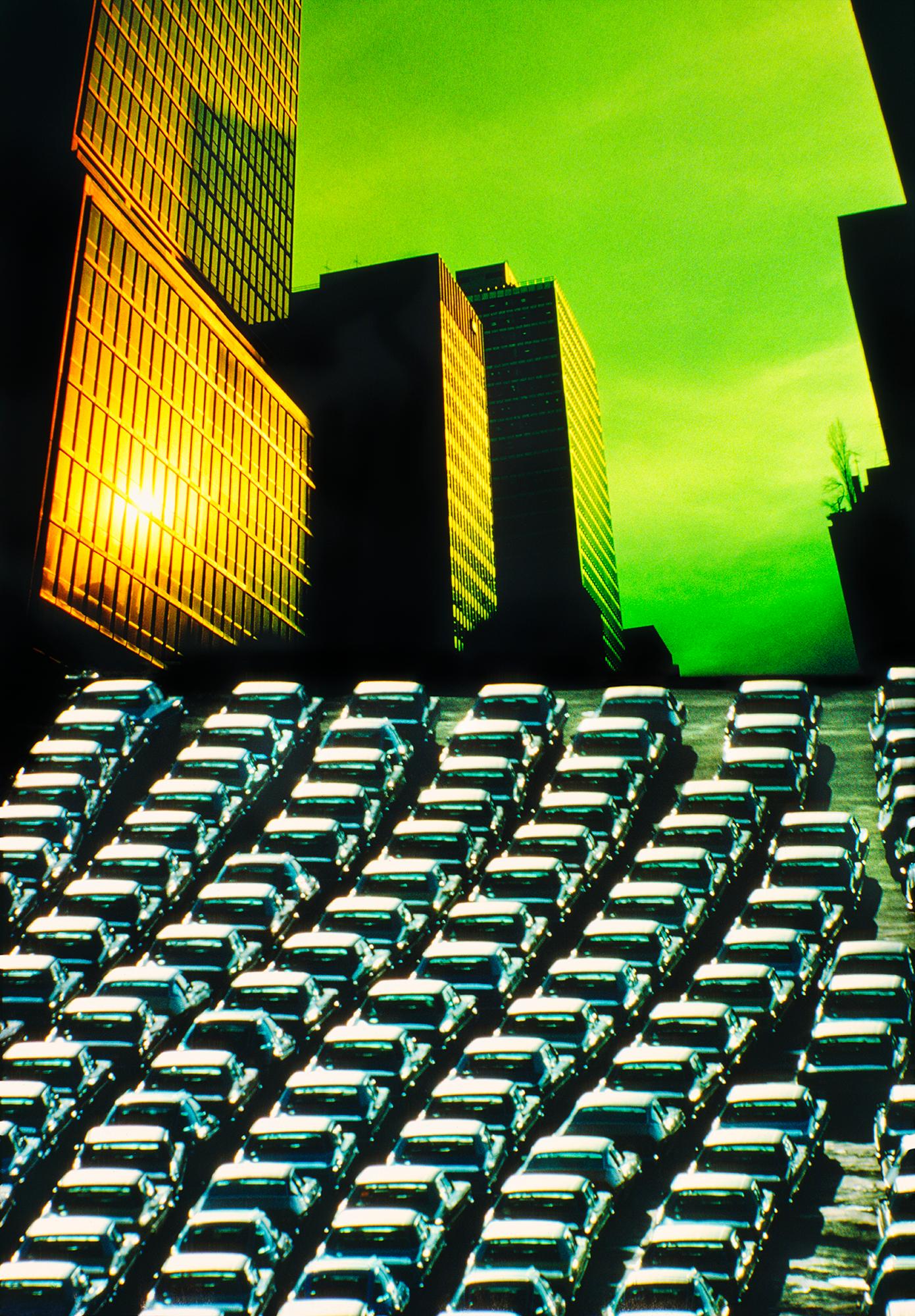 Mitchell Funk Abstract Photograph - New York Skyscrapers with Green Sky and Divergent Perspective