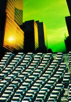 Vintage New York Skyscrapers with Green Sky and Divergent Perspective