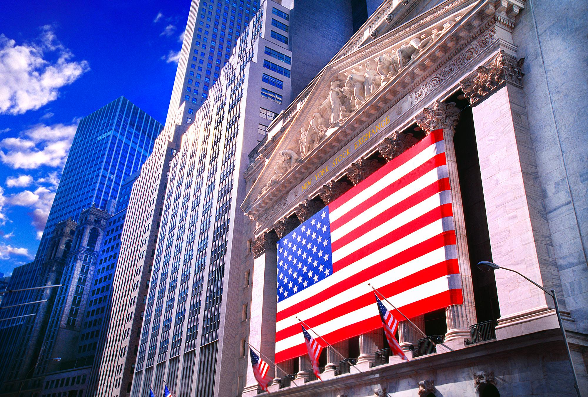 Mitchell Funk Landscape Photograph - New York Stock Exchange with American Flag  - American Capitalism