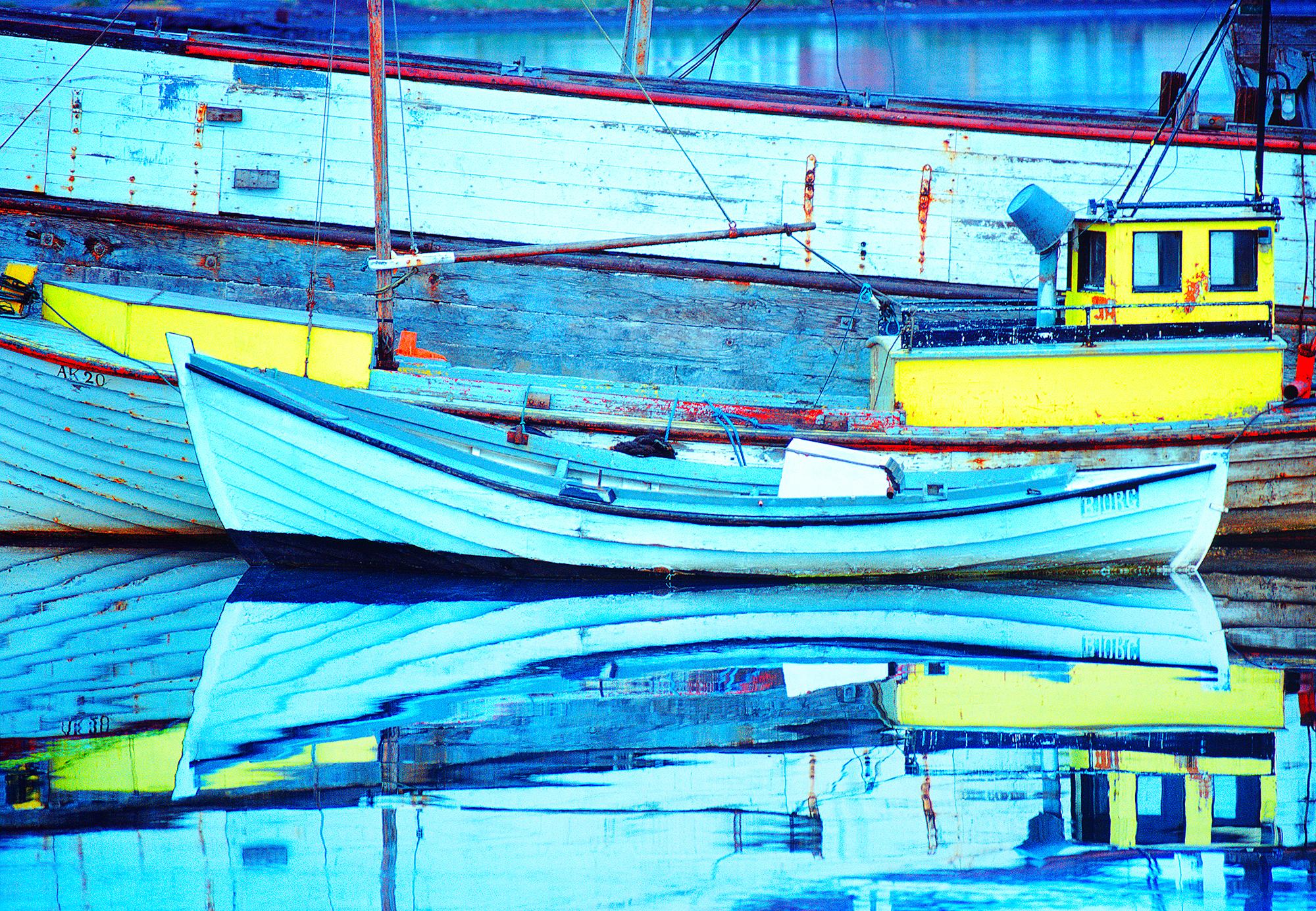 Old Boats In Iceland With Blue Reflections In Water, Abstract