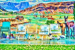 Old Chairs Against Motel Wall Mural, Fine Art Print Hahnemuhle Paper Baryta