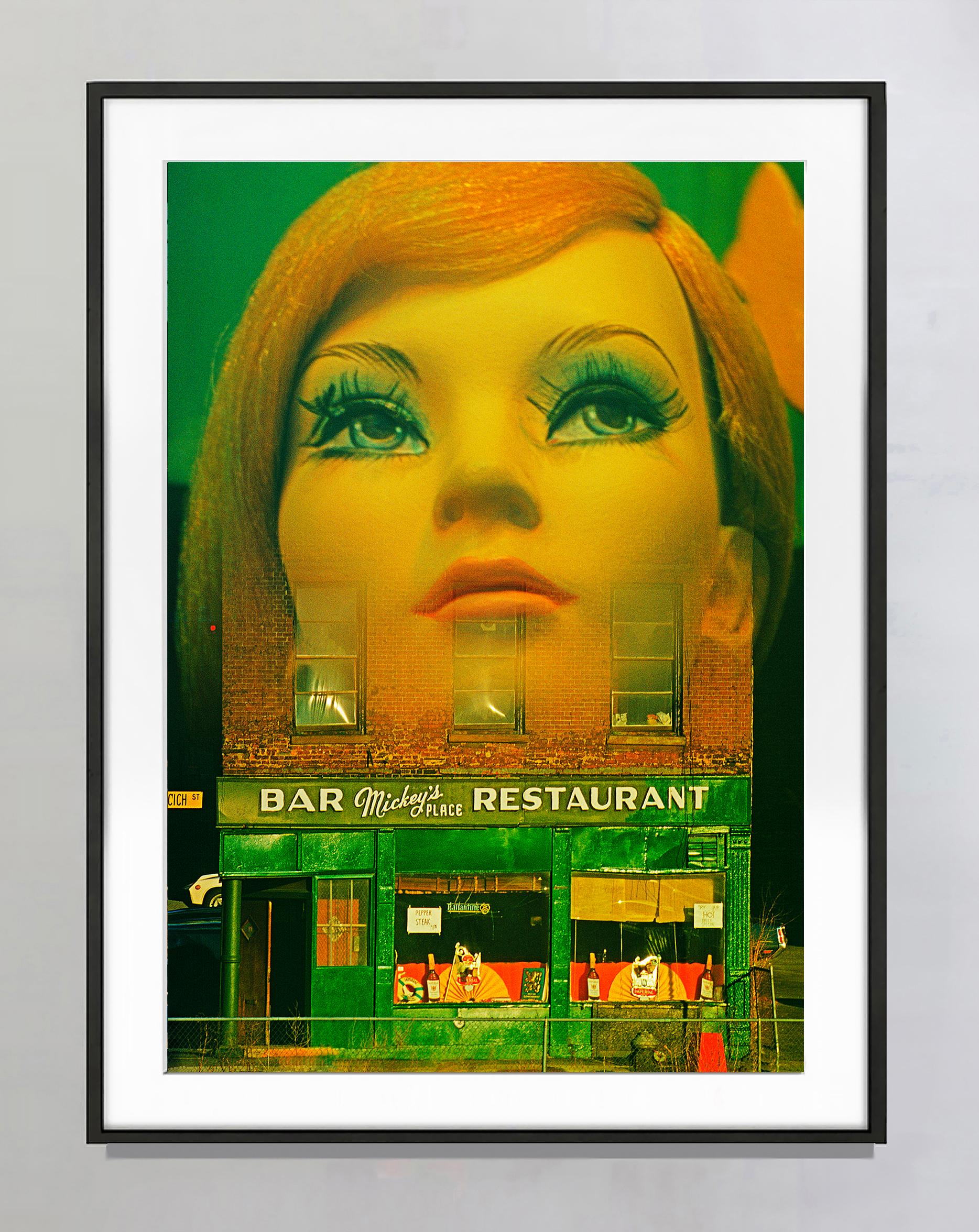 Two Facades  - Old New York Bar with Surreal  Mid-Century Mannequin Face - Photograph by Mitchell Funk