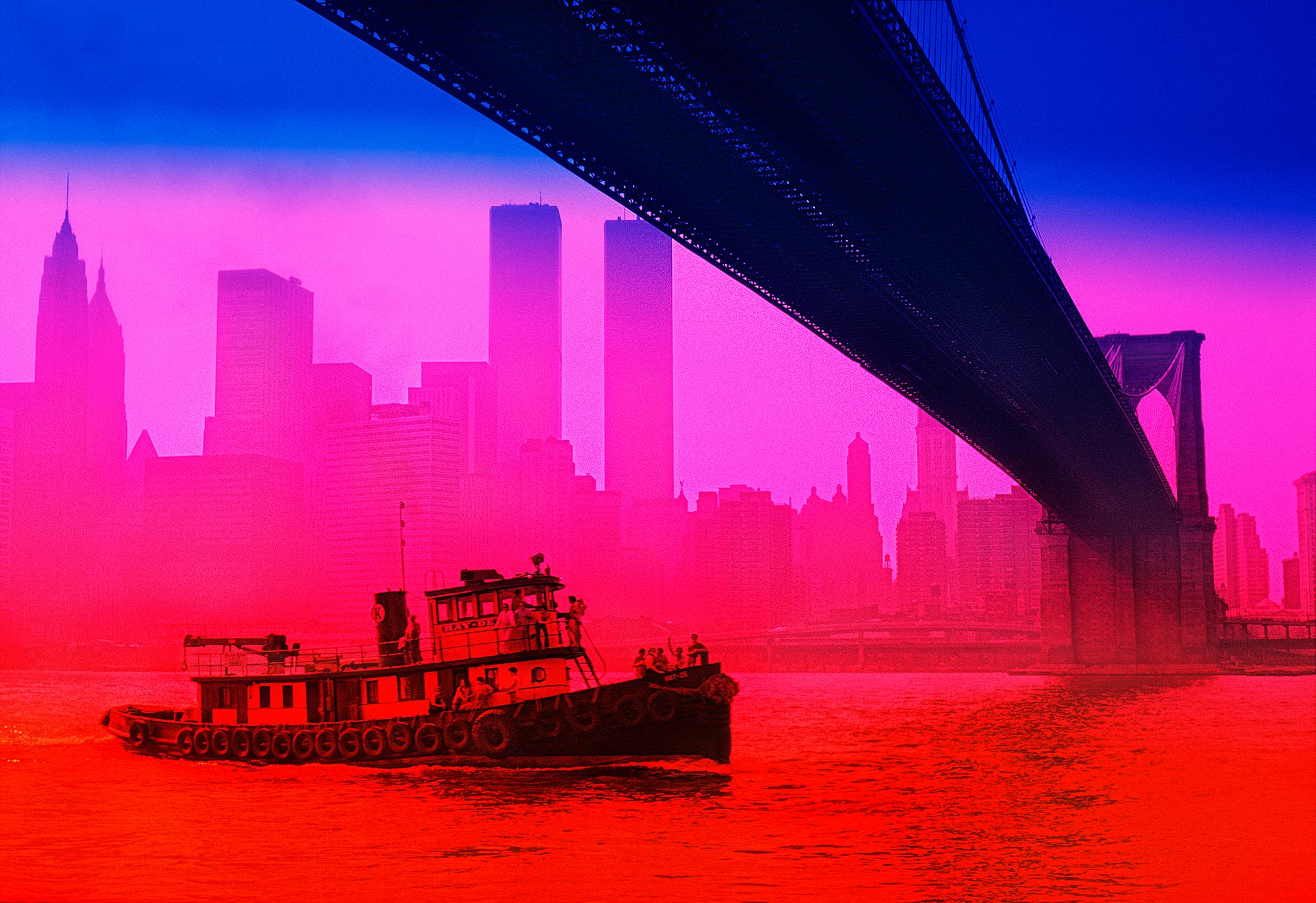 Mitchell Funk Color Photograph - Old Tug under Brooklyn Bridge New York Skyline