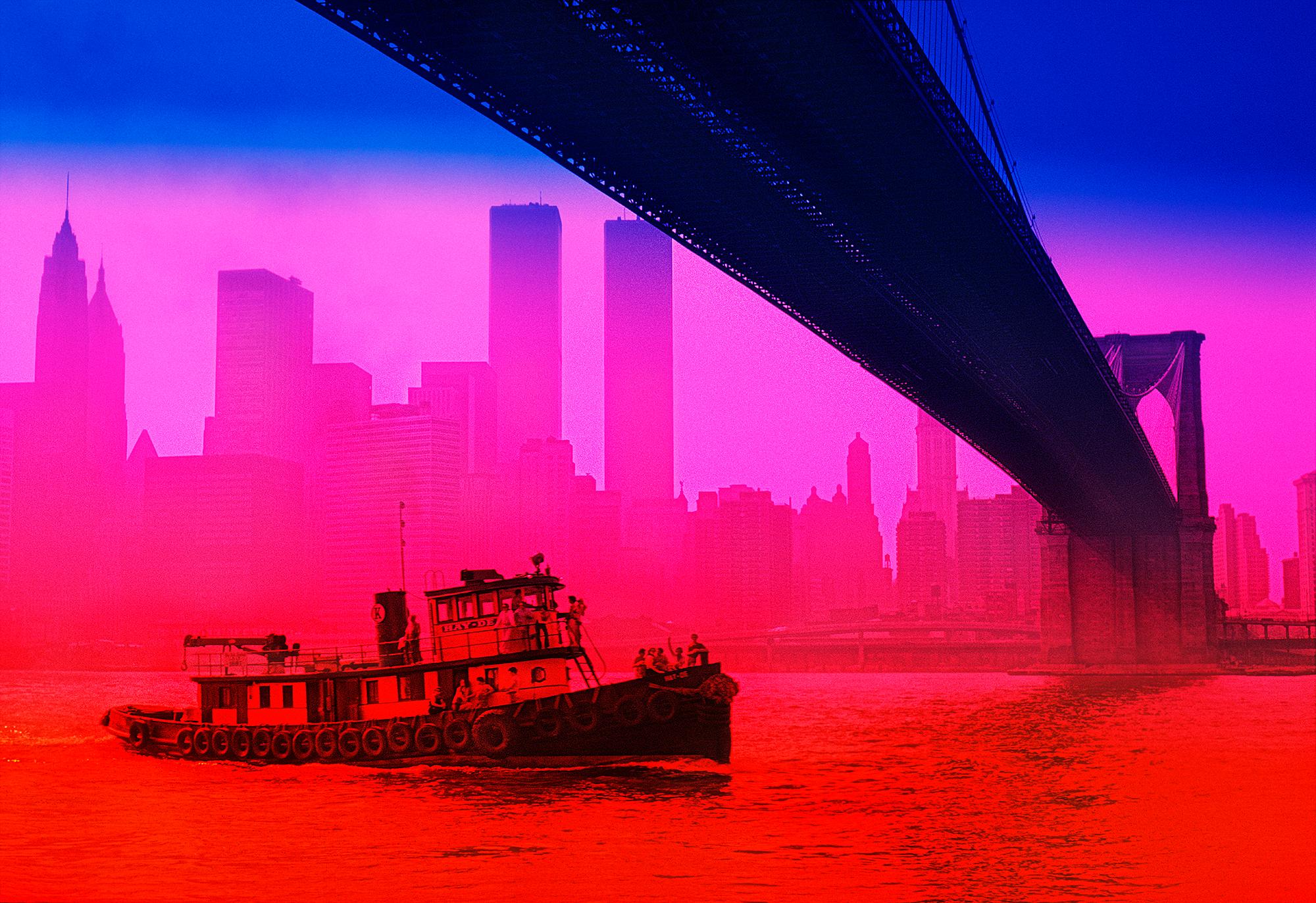 Mitchell Funk Color Photograph - Old Tug under Brooklyn Bridge New York Skyline Magenta