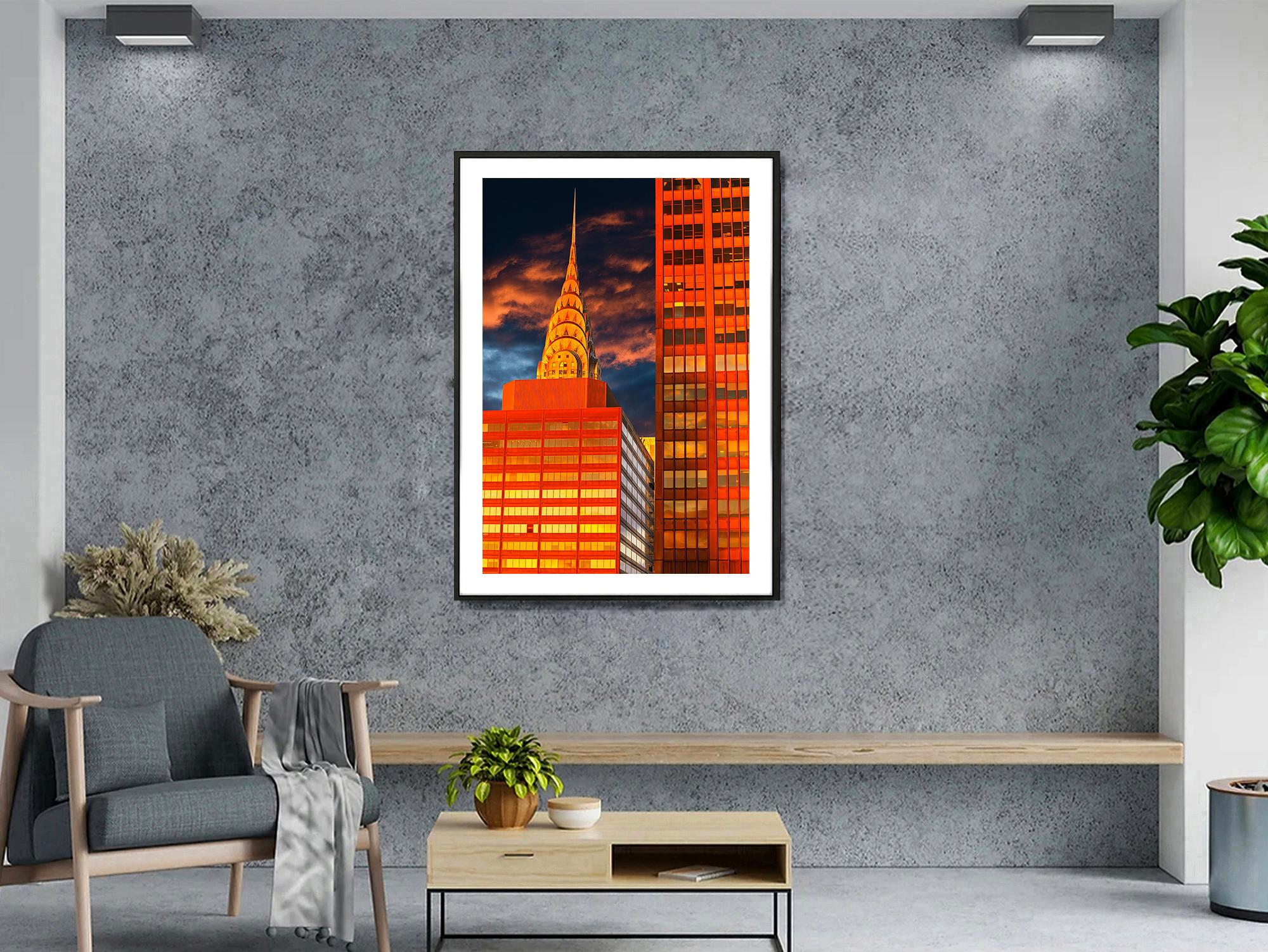 Frühe Morning Light Turns Chrysler Building Orange (Rot), Color Photograph, von Mitchell Funk