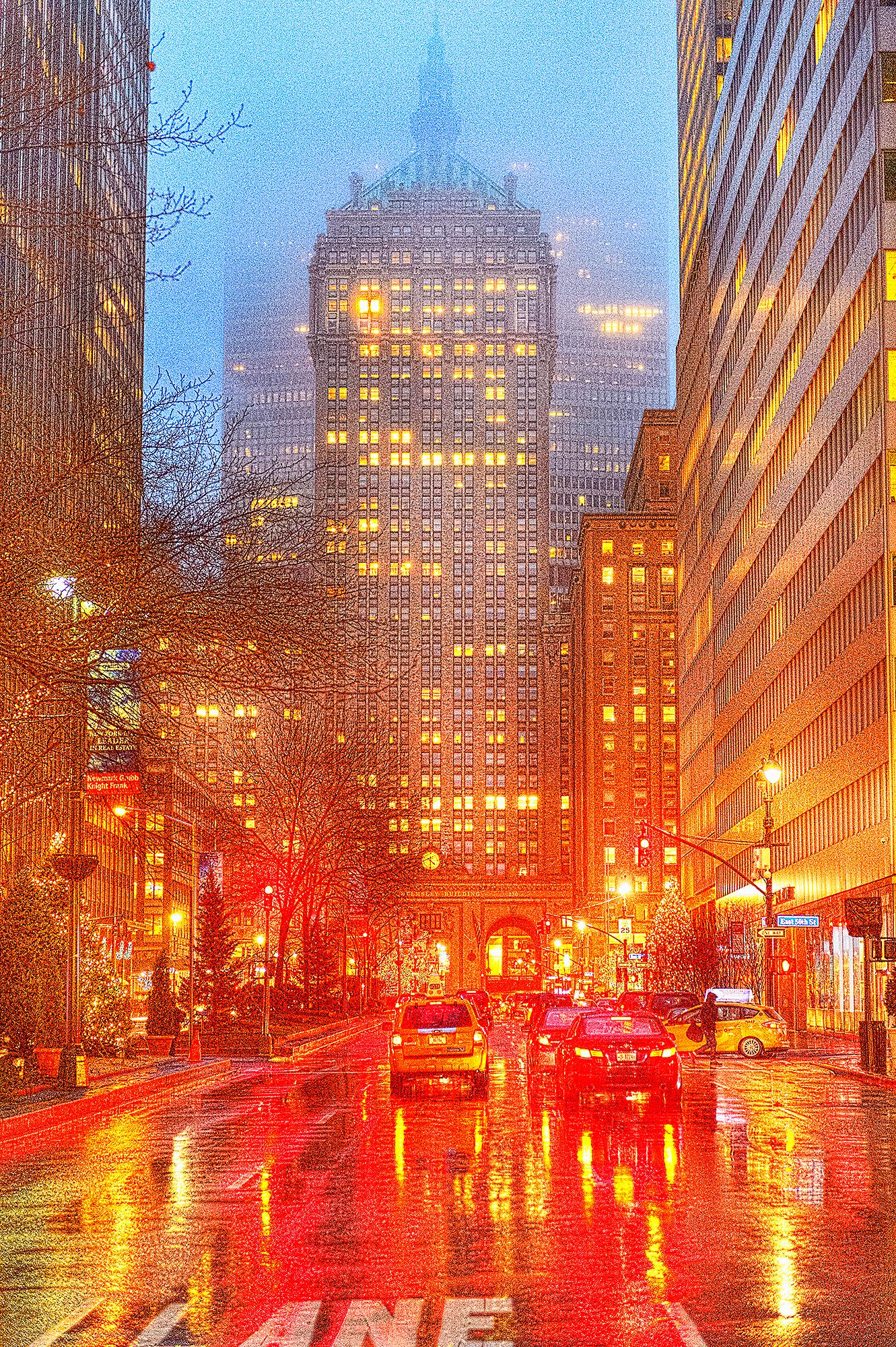 Mitchell Funk Color Photograph - Park Avenue on an Red Impressionists Rainy Day Twilight, Architecture