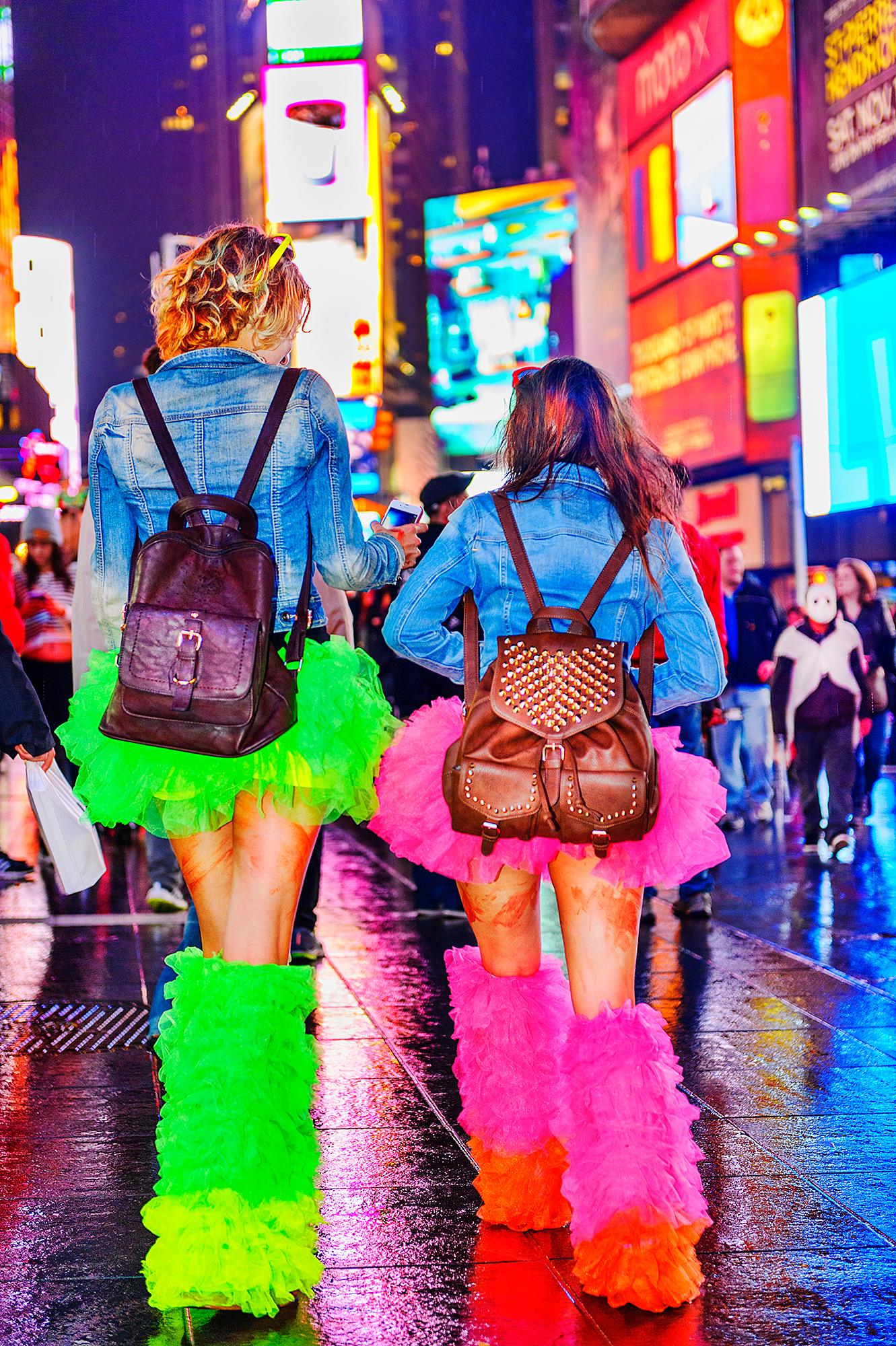 Mitchell Funk Figurative Photograph - Party Boots  and Tutus in Hot Pink and DayGlo Green, Times Square