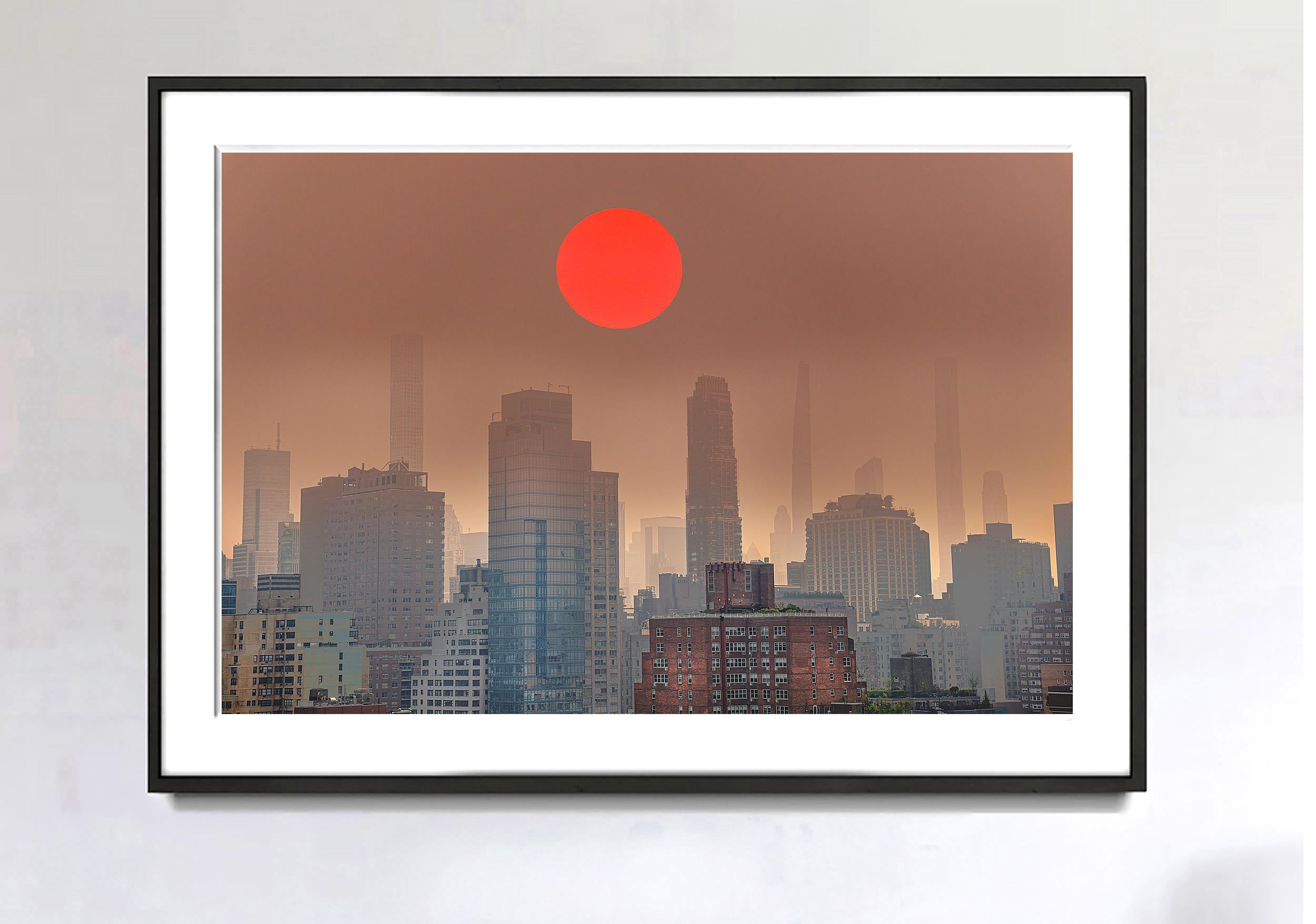 Pink Orange Sunset on Hazy Moody Sky Billionaires Row like Monet Polluted Sky - Photograph by Mitchell Funk