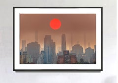 Coucher de soleil rose-orange sur ciel brumeux et lunatique The Row comme Monet Ciel pollué