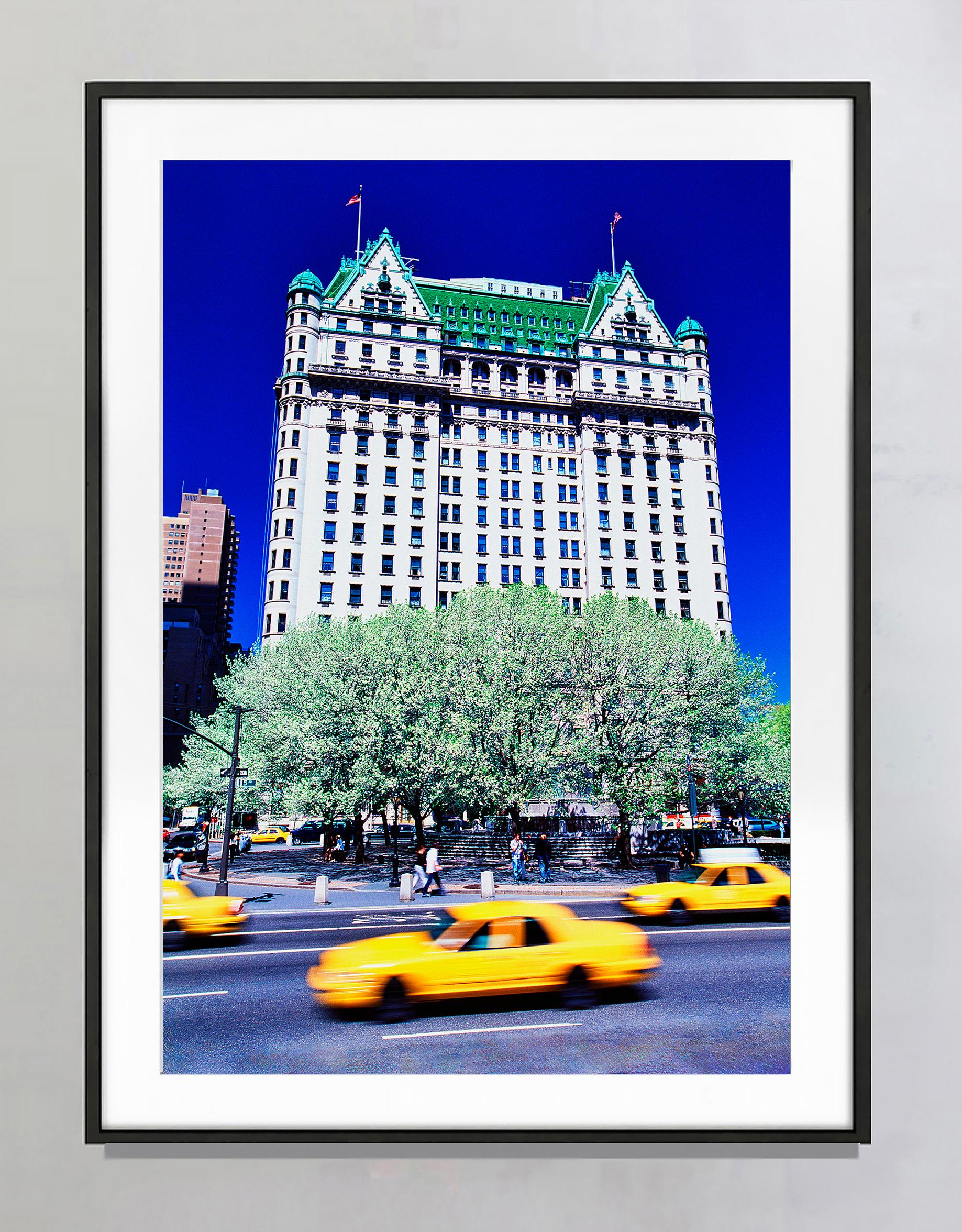 Plaza Hotel with Yellow Taxis,  Blue Sky New York City in Spring - Photograph by Mitchell Funk