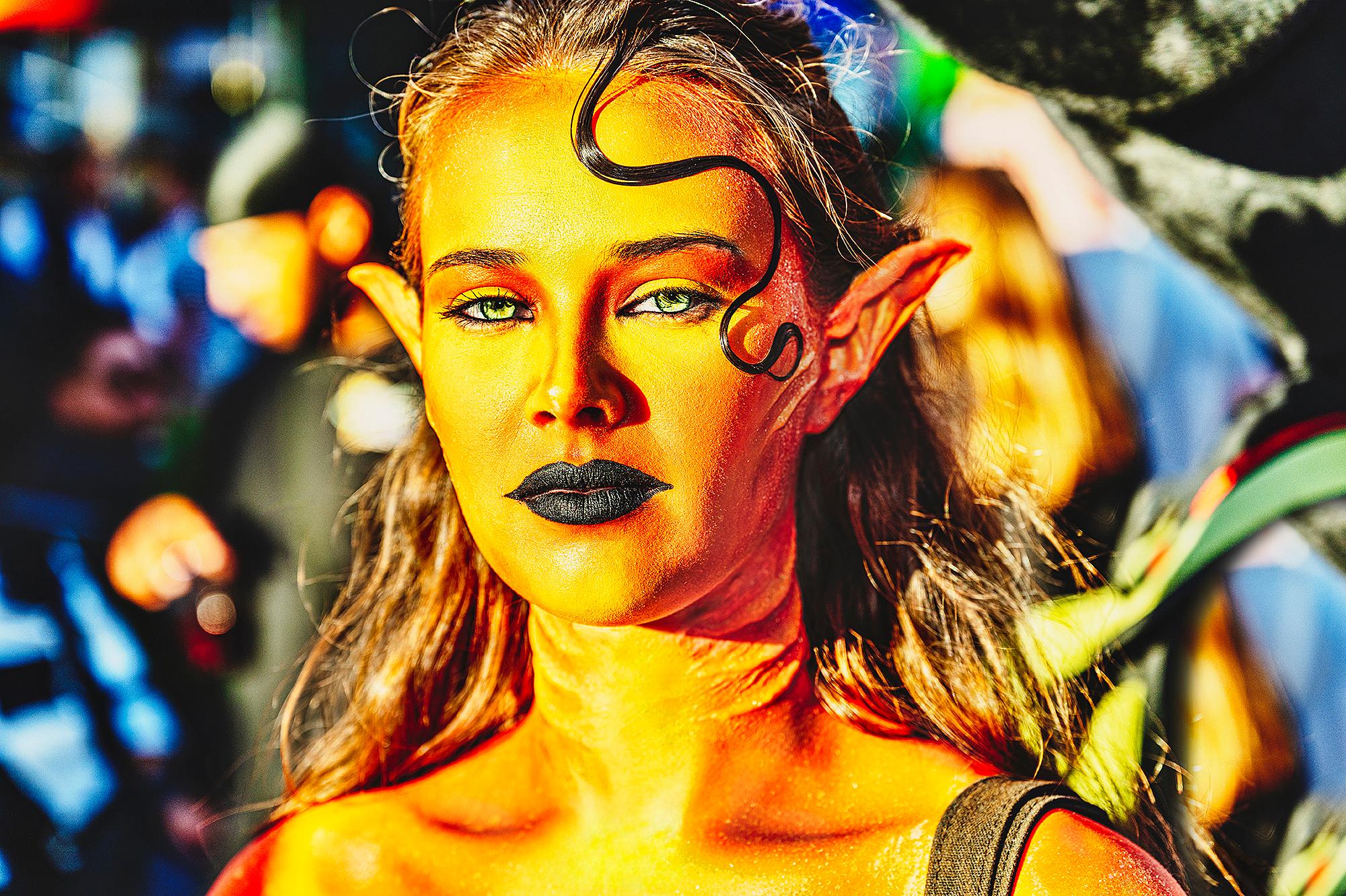 Portrait of Green Eyed Sci-Fi Star Trek Girl in Golden Light in Times Square
