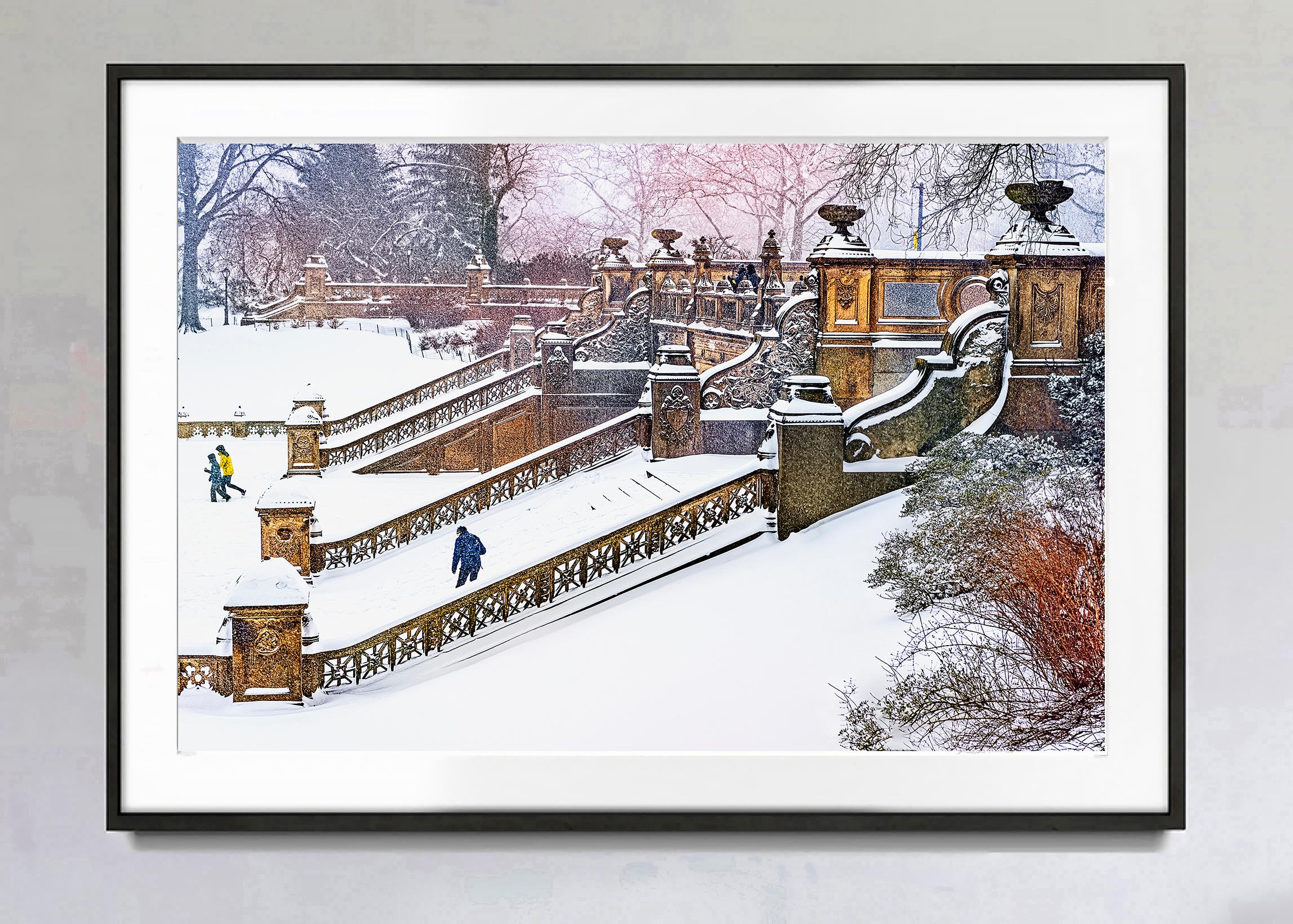 Post Impressionist Bethesda Fountain in Central Park on Snow Day Gold and Greys - Photograph by Mitchell Funk