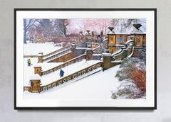 Post Impressionist Bethesda Fountain in Central Park on Snow Day Gold and Greys
