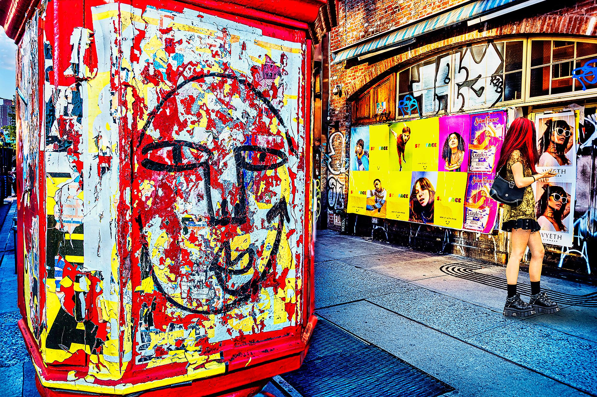 Mitchell Funk Landscape Photograph - Red Head Girl in the Bowery - Graffiti Street Photography 