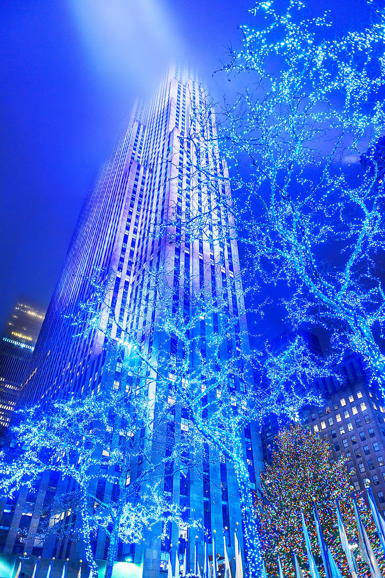 Mitchell Funk Landscape Photograph - Rockefeller Center Nocturne in Art Deco Moody Blue, Architecture 