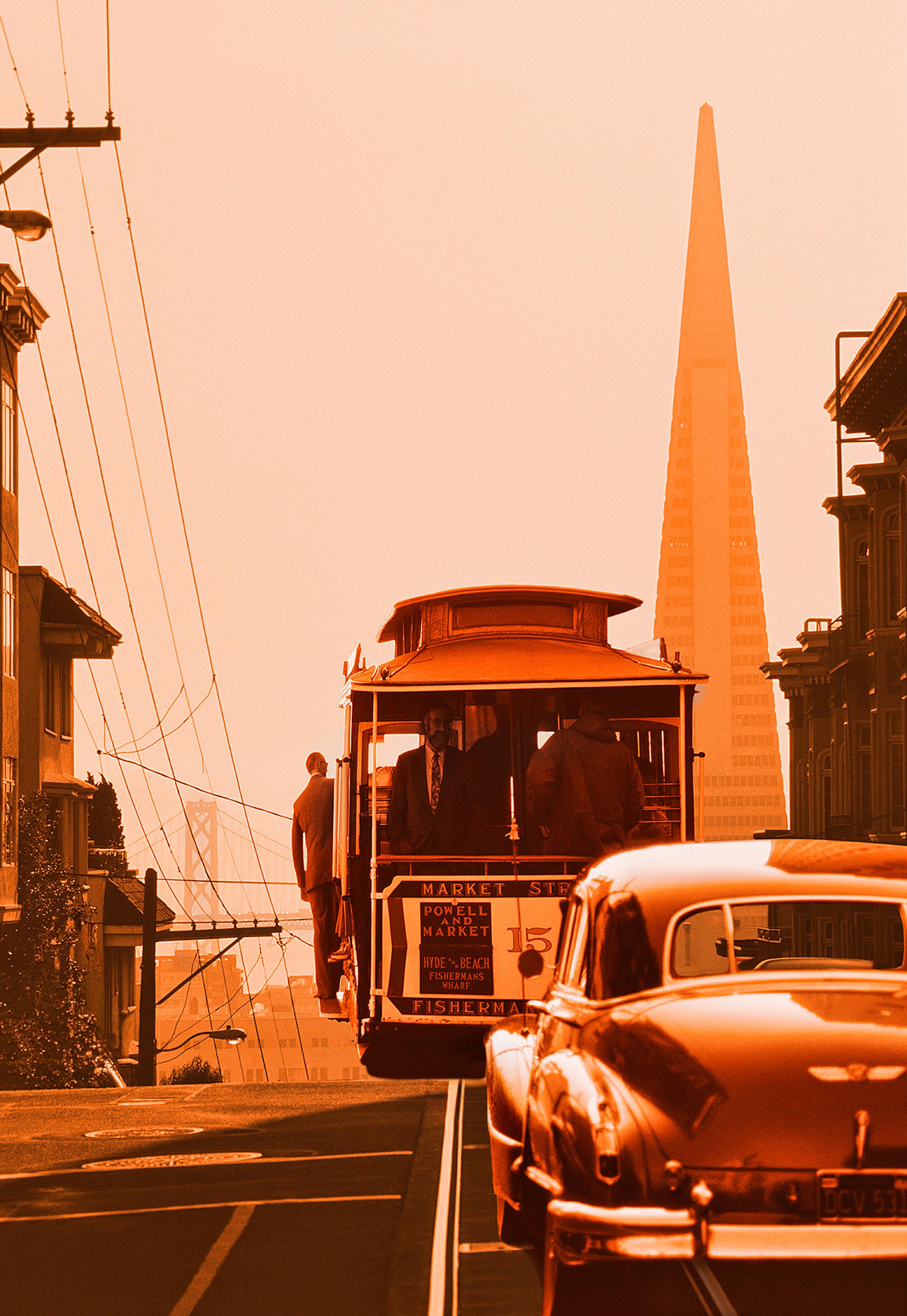 San Francisco Cable Car And Vintage Car In Sepia Tone, Signed Color Photograph