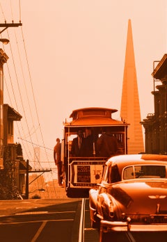 San Francisco Cable Car And Vintage Car In Sepia Tone, Signed Color Photograph