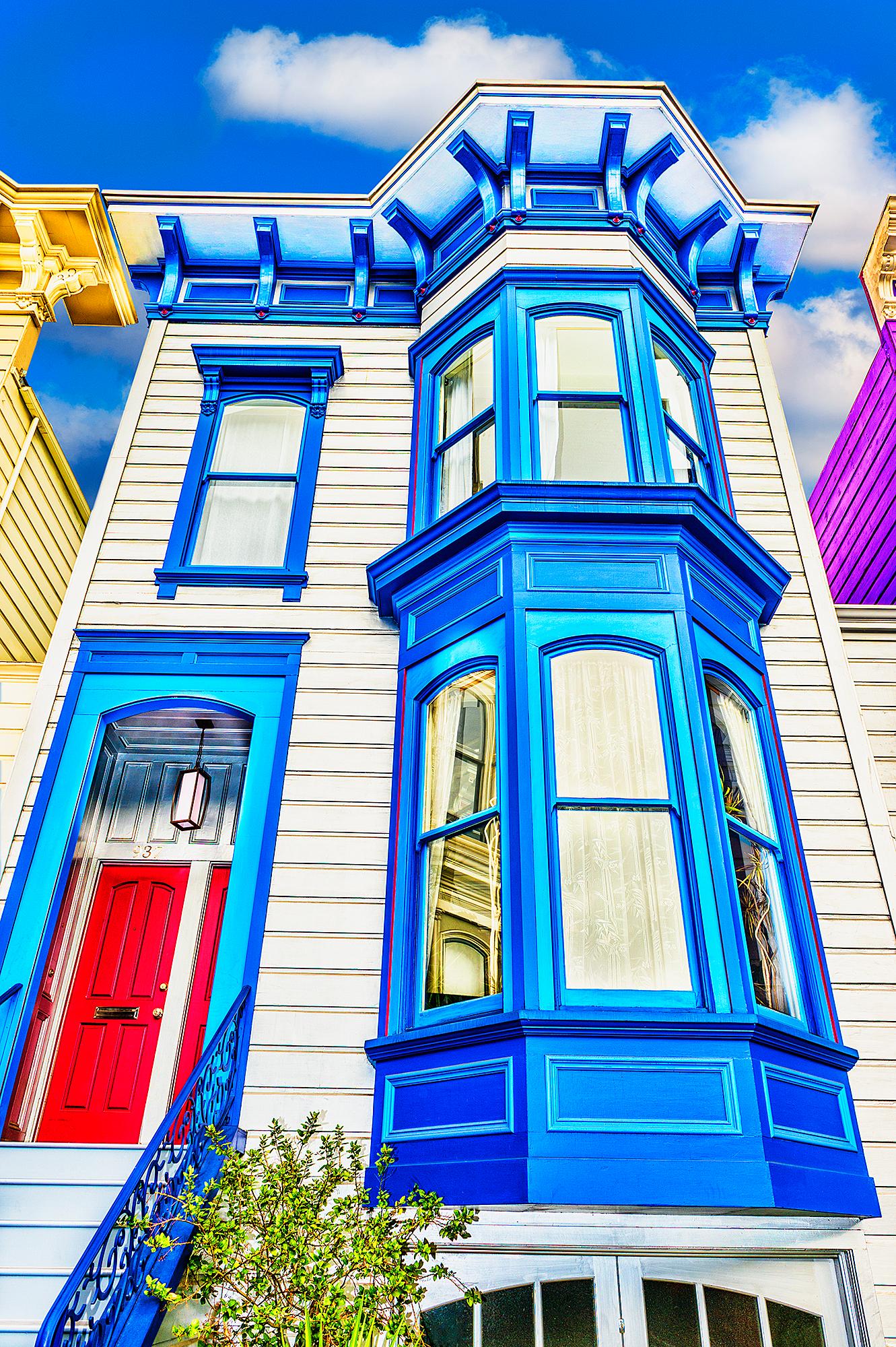 Mitchell Funk Abstract Photograph - San Francisco Victorian House in Colorful Red Yellow and Blue, Architecture