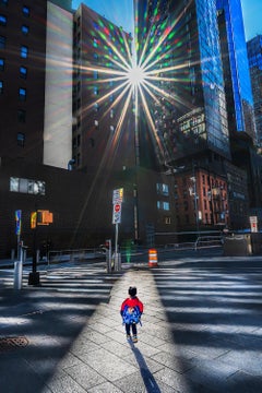 Small Boy Walking In Shaft Sunlight Downtown Manhattan, Fine Art Color Print