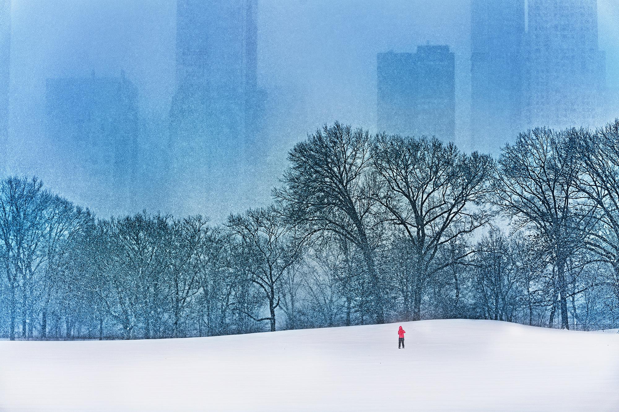 Mitchell Funk Color Photograph - Snow in Central Park  Billionaire Row -  Monochromatic  Grey and Blue 