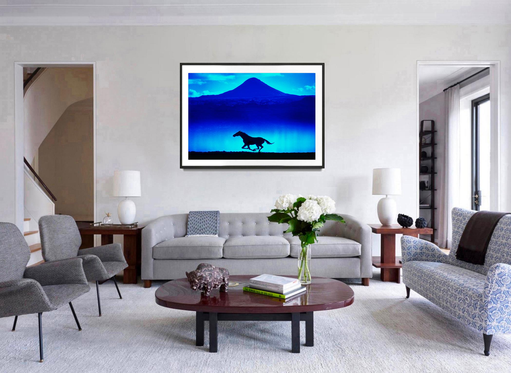 Solitary Running Horse Silhouetted against Blue Mountain - Modern Photograph by Mitchell Funk