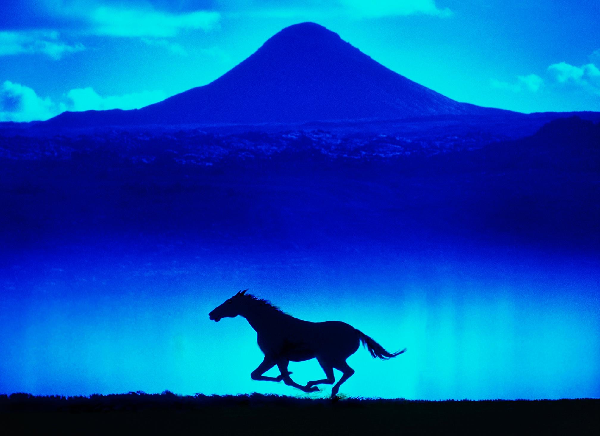 Caballo solitario corriendo silueteado contra la montaña azul
