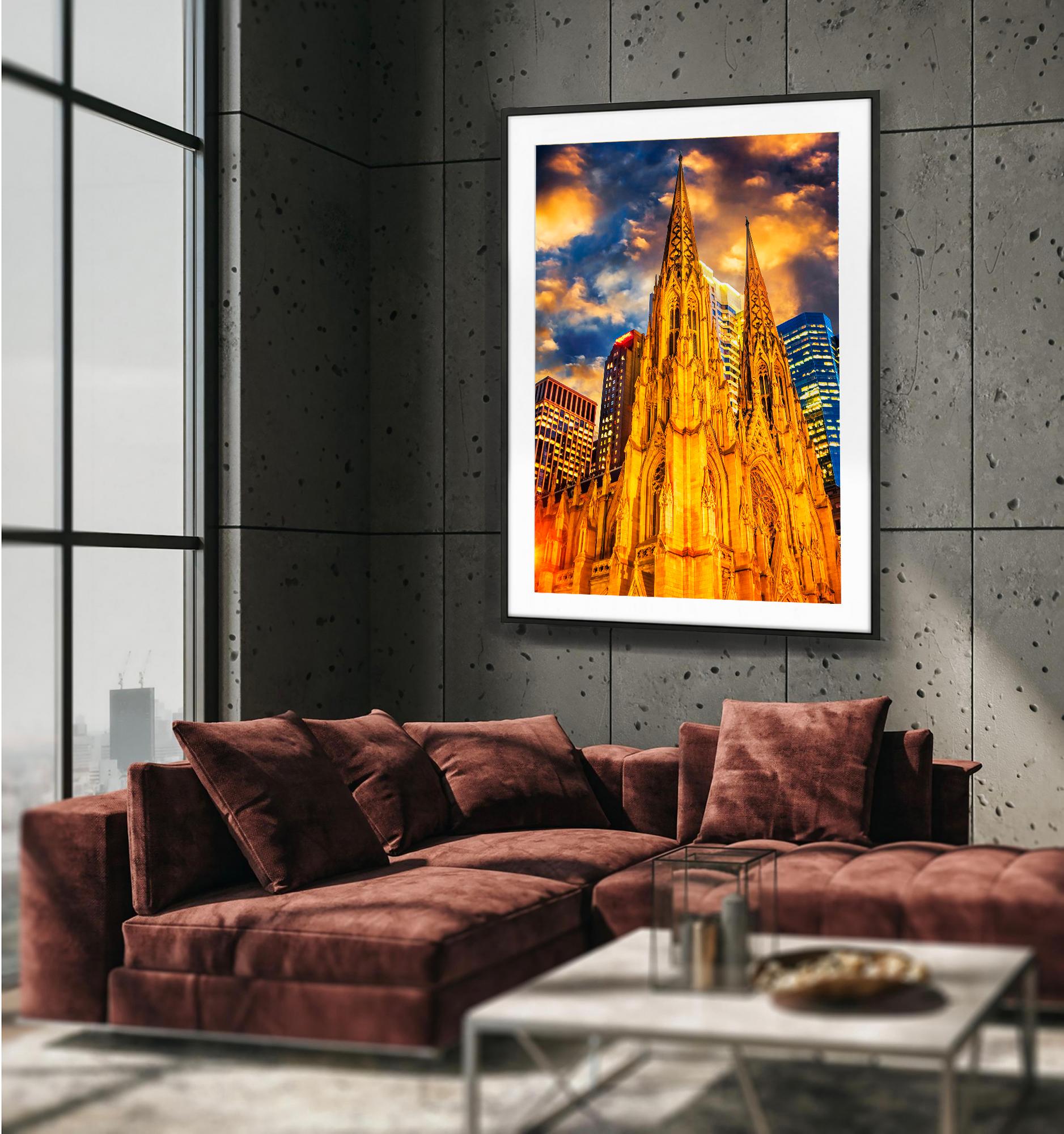 La Catedral de San Patricio de Nueva York en un dorado resplandor celestial - Color Photograph Naranja de Mitchell Funk