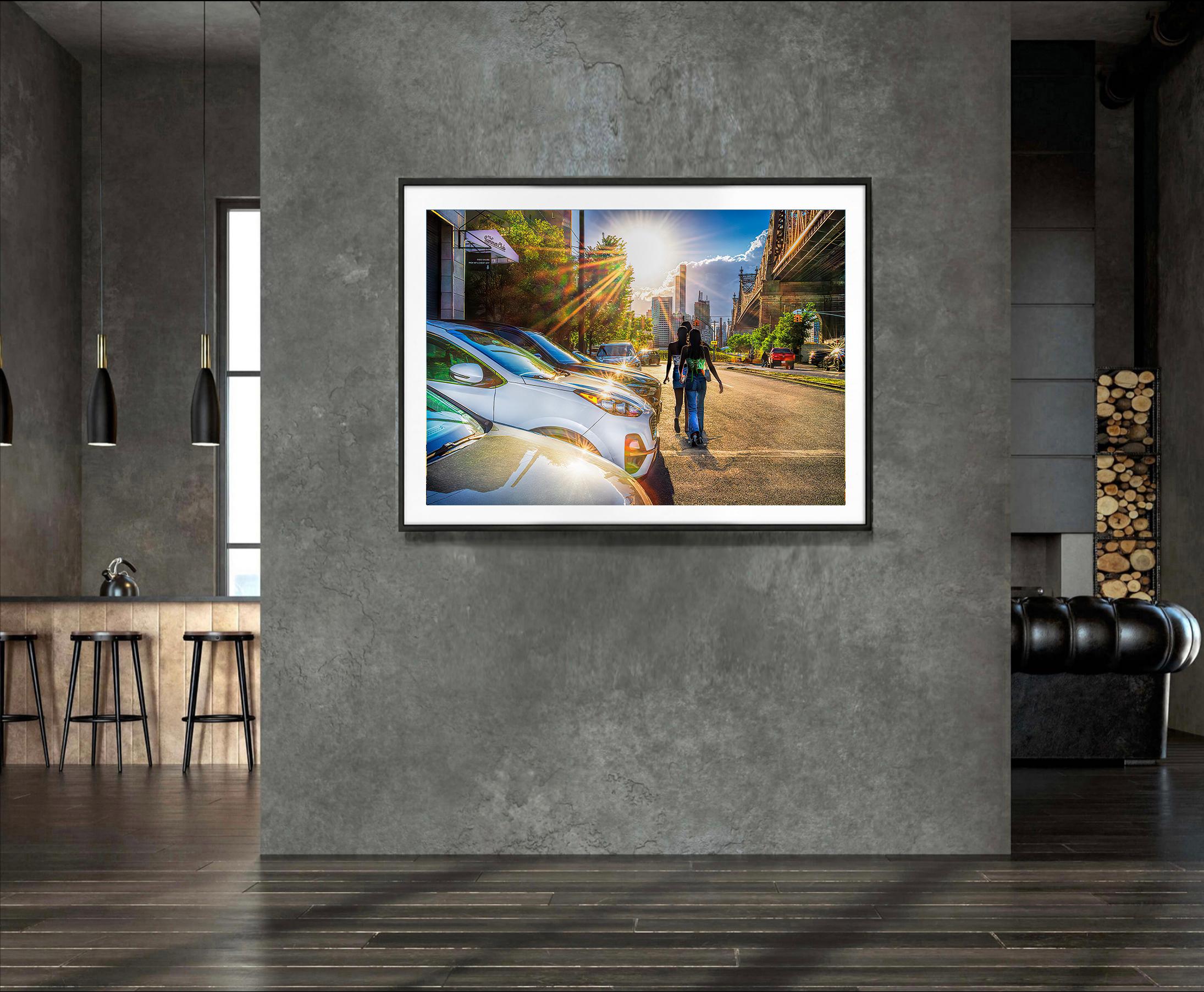 The Sun Beckons -Step into the Light -Three Black Woman Stroll into Manhattan - Brown Figurative Photograph by Mitchell Funk