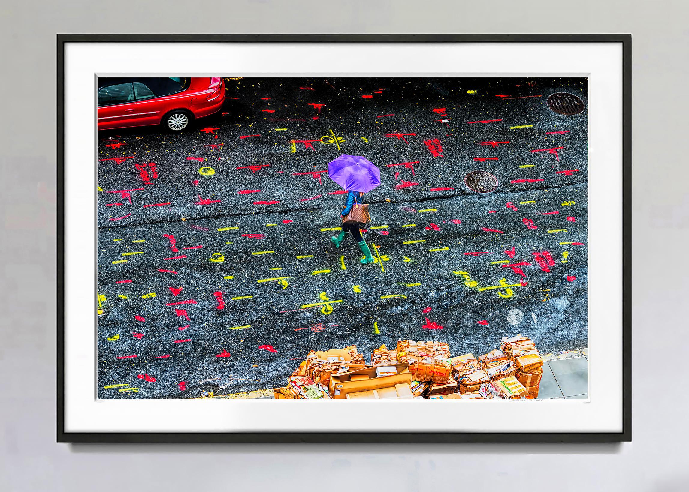 Street Art: Literally.  New York City Rainy Day with Purple Umbrella - Photograph by Mitchell Funk