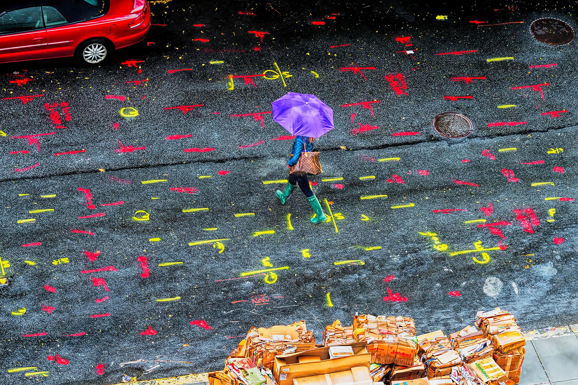 Mitchell Funk Landscape Photograph - Street Art: Literally.  New York City Rainy Day with Purple Umbrella