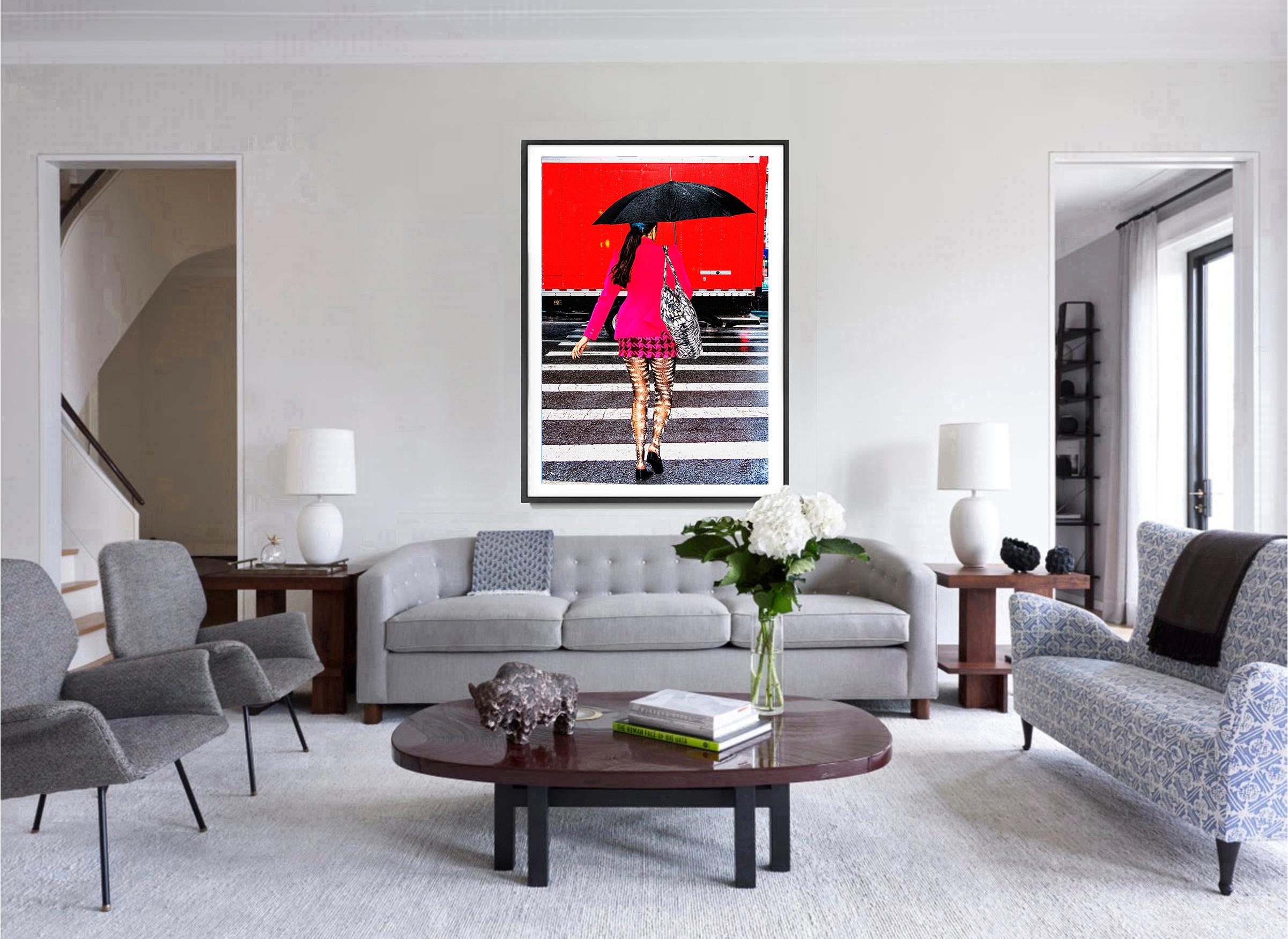 Street Fashionista in Pink Ensemble on New York City Rainy Day  - Abstract Geometric Photograph by Mitchell Funk