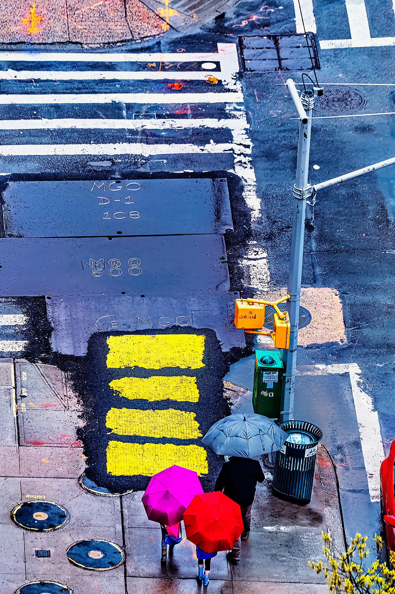 Mitchell Funk Landscape Photograph - Street Repair becomes Street Art, Yellow and Blue and White Painted Street Lines