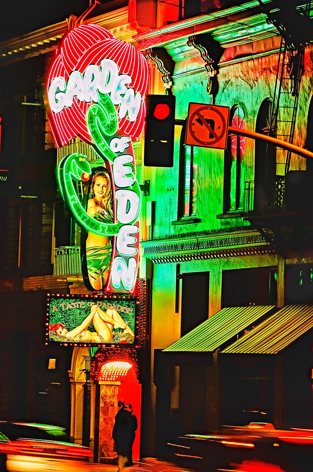 Mitchell Funk Landscape Photograph - Strip Club Neon Sign on Skid Row San Francisco