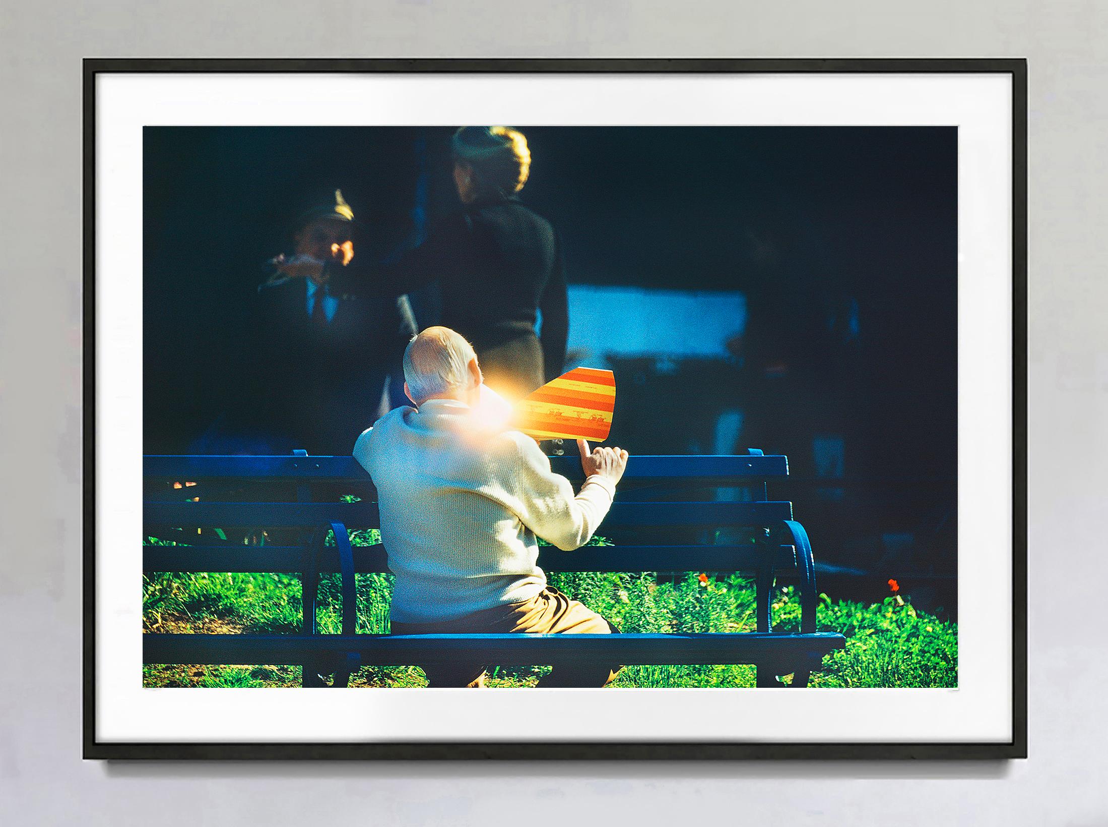 Sun Reflector with old men in the park. Vintage New York Street Scene - Photograph by Mitchell Funk