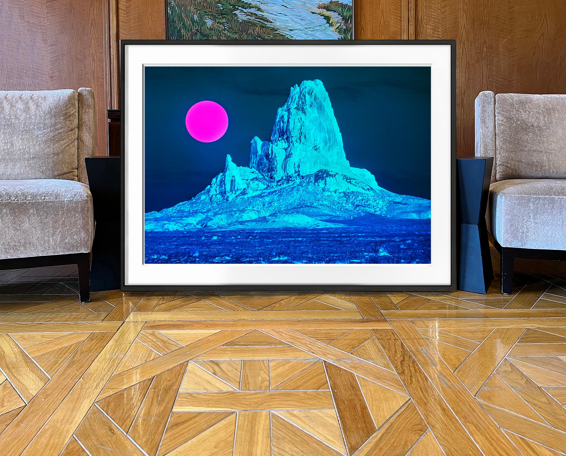 Surreale Wüstenlandschaft mit blauem Berg und magentafarbenem Mond - Monument Valley (Blau), Color Photograph, von Mitchell Funk