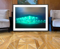 Surreal Gas Station on a Foggy Night with Green Lights. Close Encounters