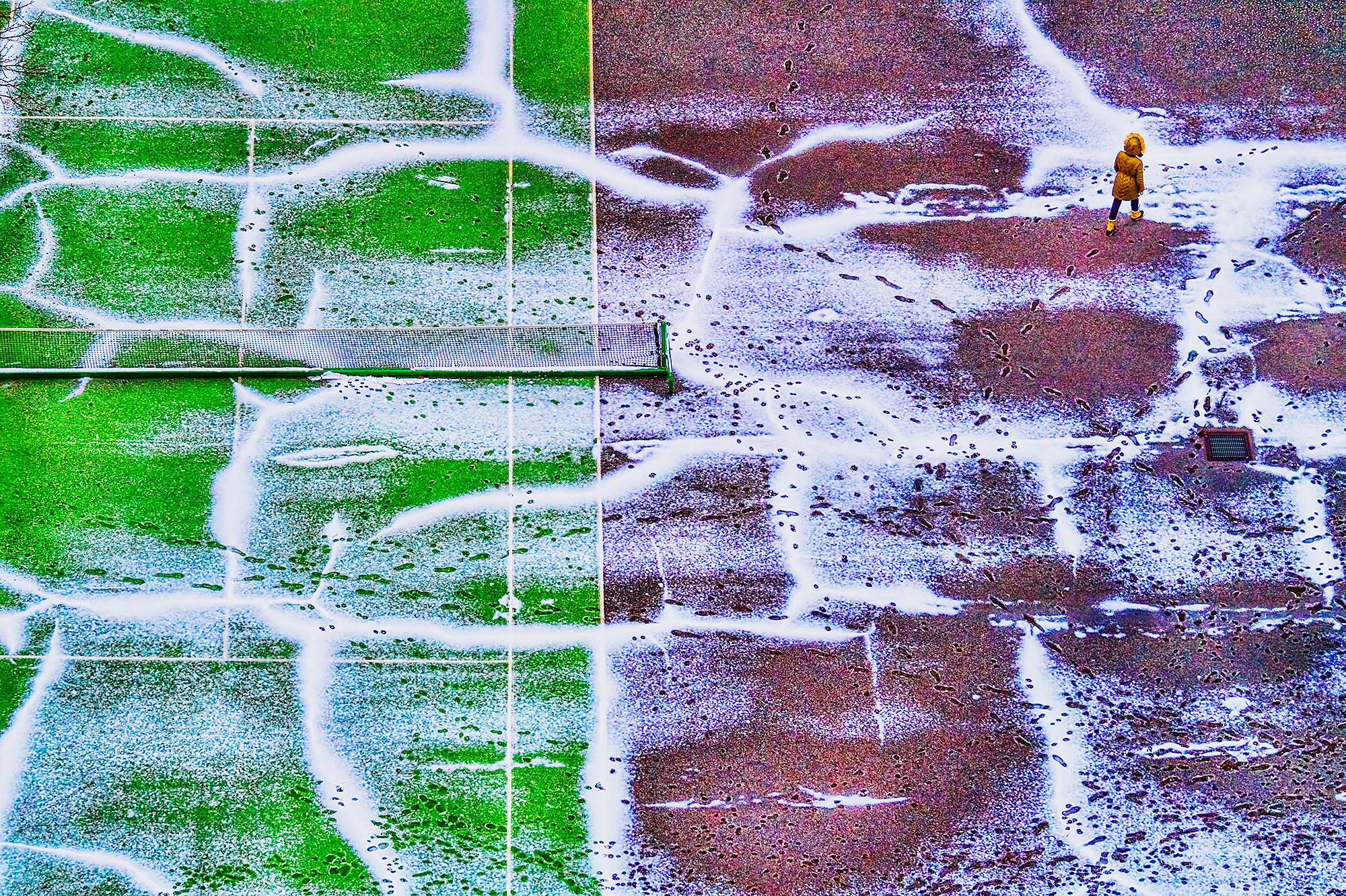 Mitchell Funk Landscape Photograph - Tennis Court in Snow with Footprints  Green and Wine Color Abstraction 