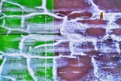 Tennis Court in Snow with Footprints  Green and Wine Color Abstraction 