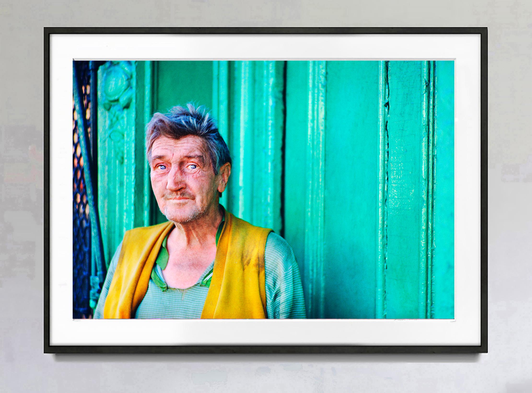 The Bowery Skid Row Portrait.  Urban Street Art - Mid Century Green Wall - Photograph by Mitchell Funk