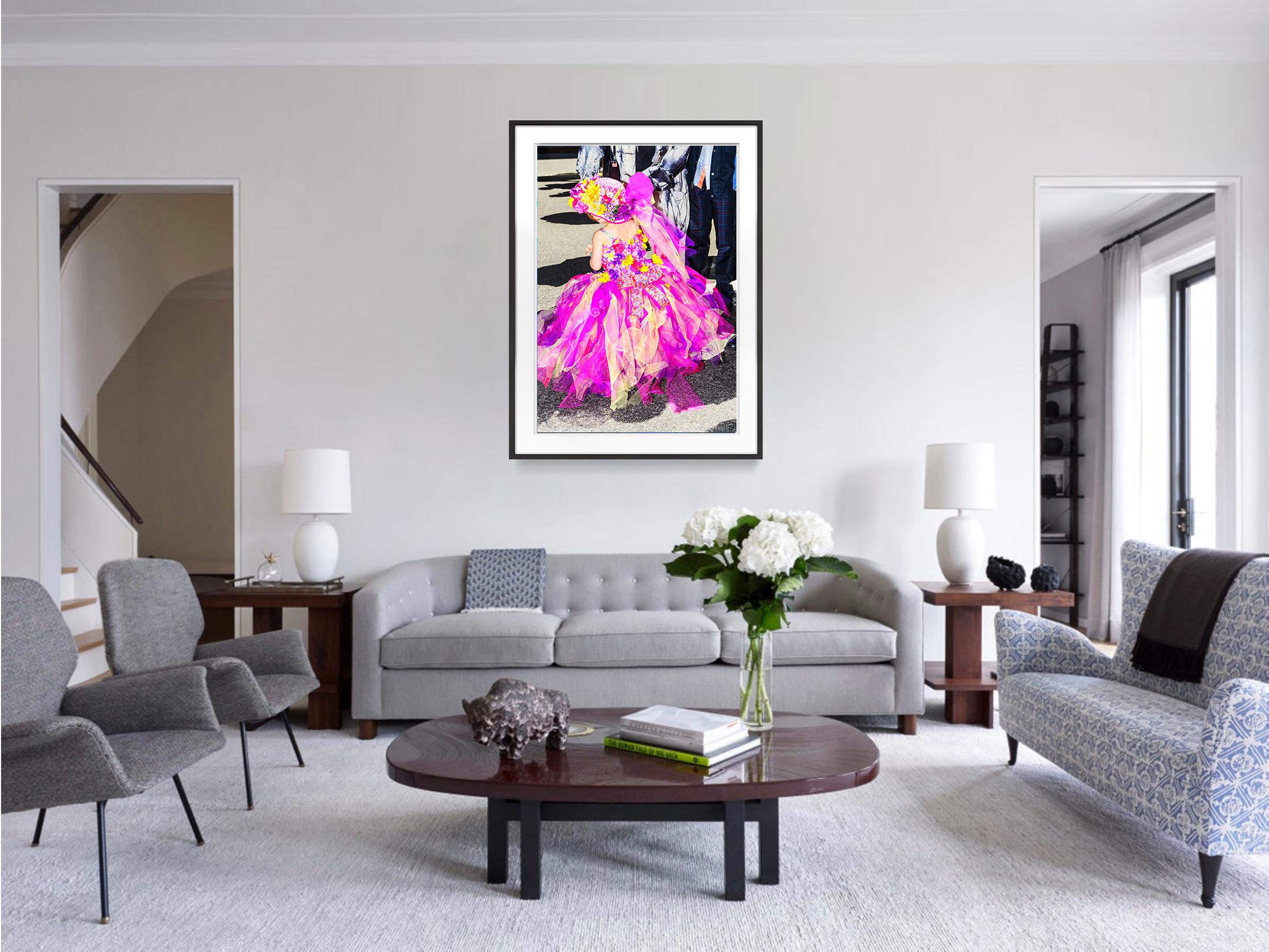 The interplay of light and shadow, greys and magenta transform a portrait of a flamboyantly dressed young girl into an optically engaging abstraction composed of alternating patterns of darks and lights and violets and yellows.   Signed and dated on
