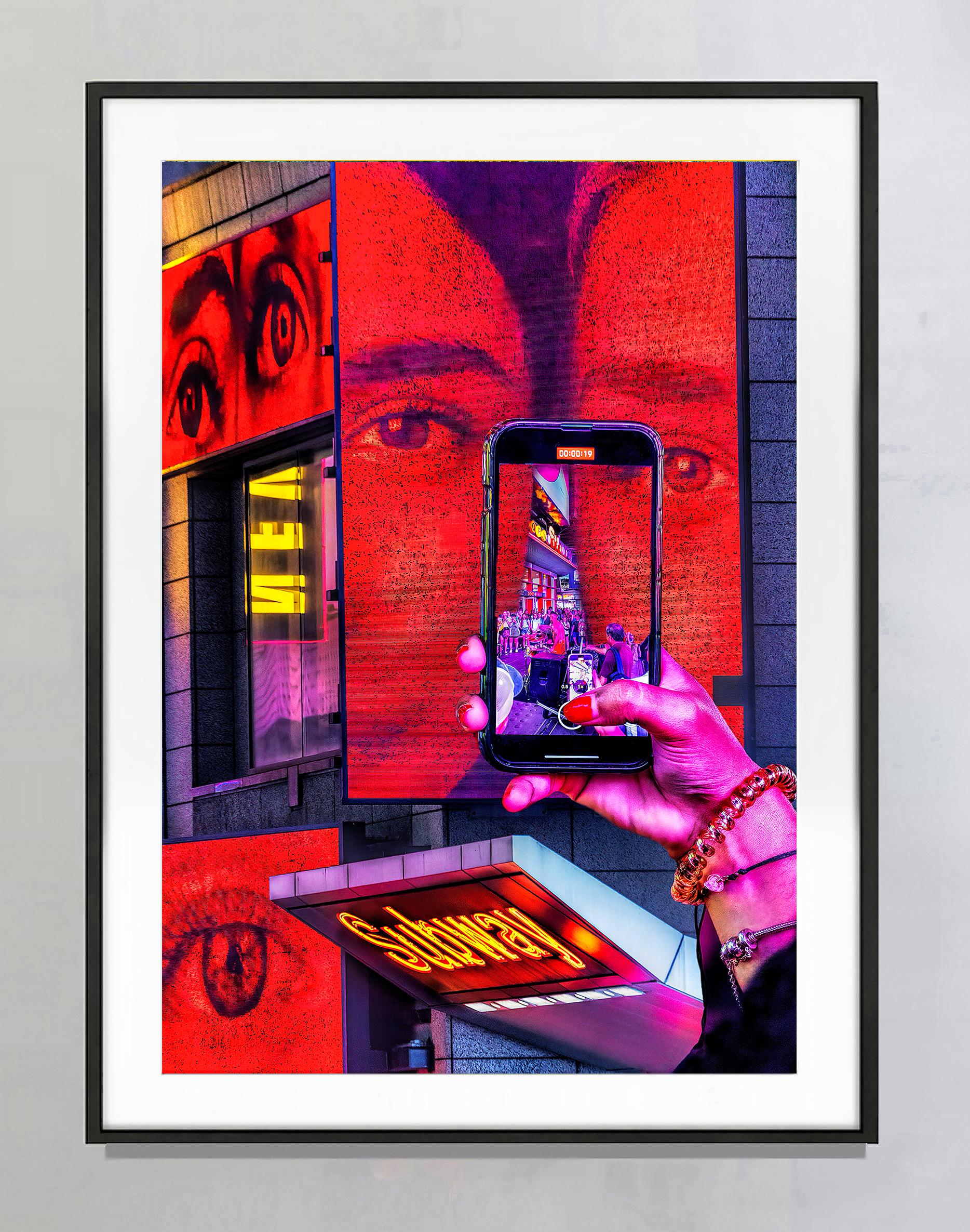 Times Square Cell Phone in Neon Reds  - Street Photography For Sale 1