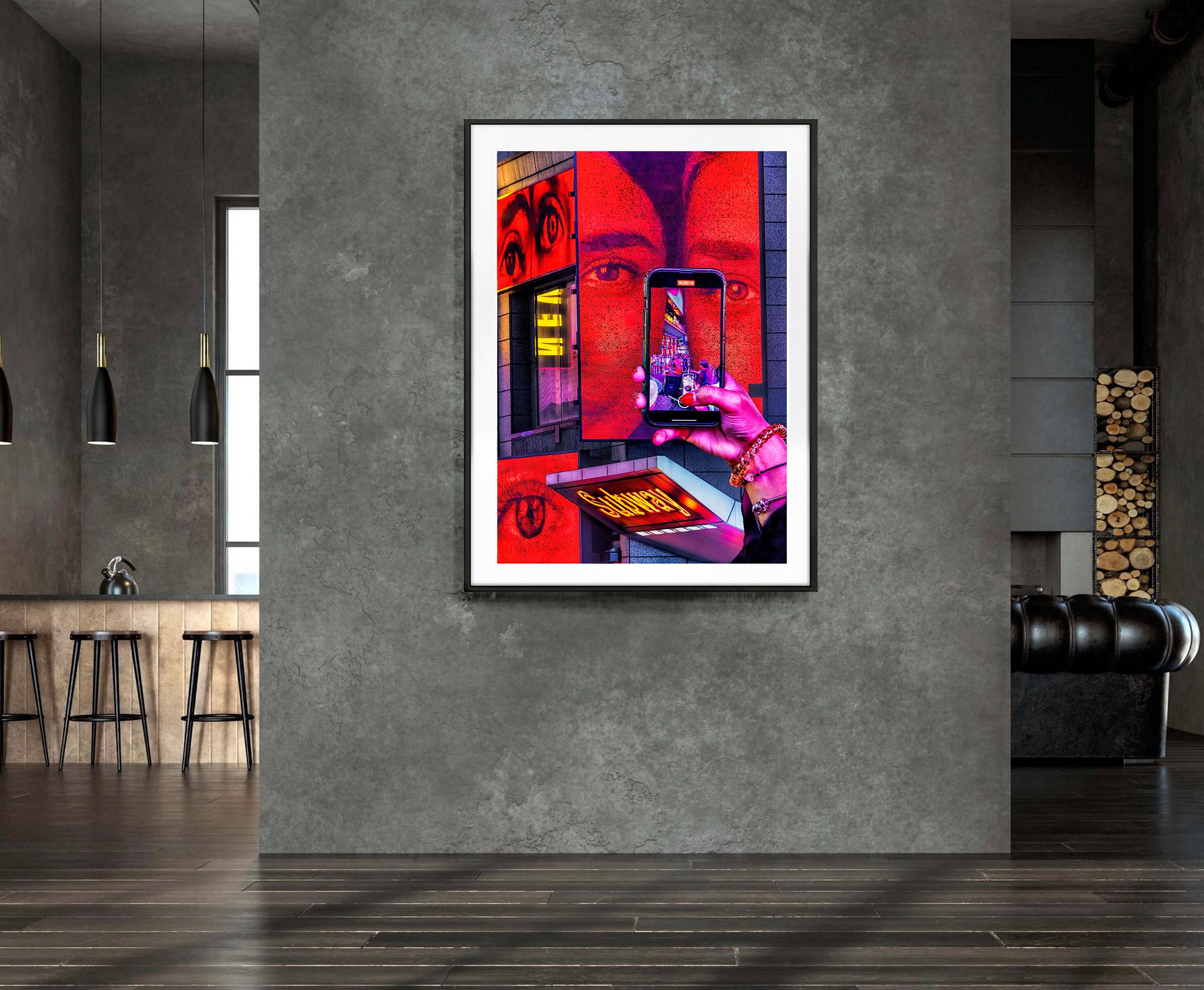 Times Square Cell Phone in Neon Reds  - Street Photography For Sale 2