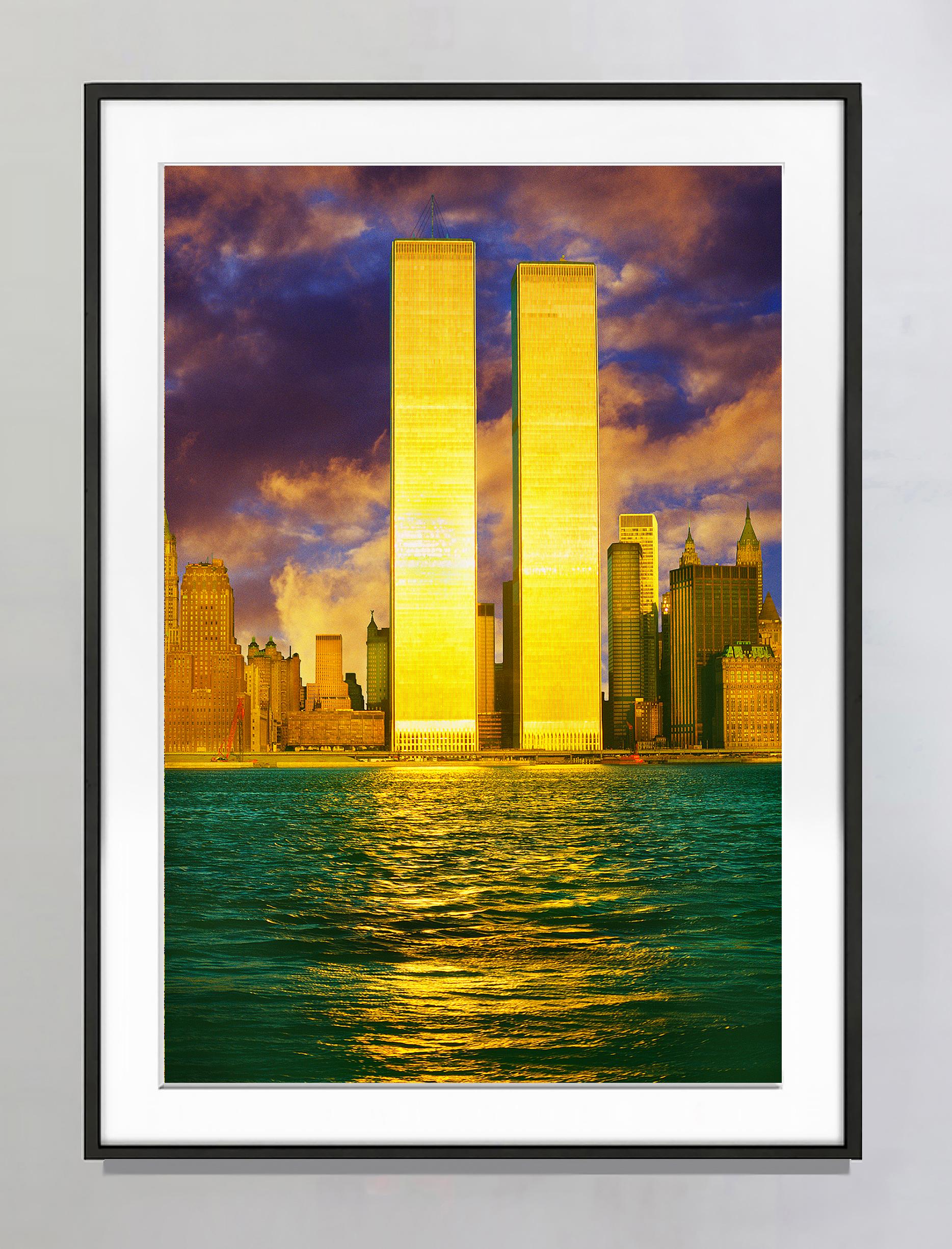 Twin Towers, World Trade Center, Lower Manhattan Bathed in Golden Light  - Photograph by Mitchell Funk