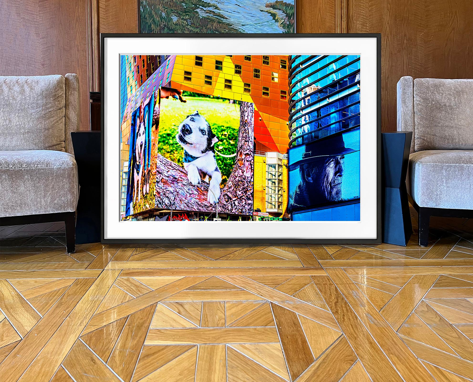 Assisted by the right angle and right light, Street Photographer Mitchell Funk designs an image of Times Square Billboards that is as abstract as it is representational. Two huskies ham it up next to American movie icon Clint Eastwood. So is the