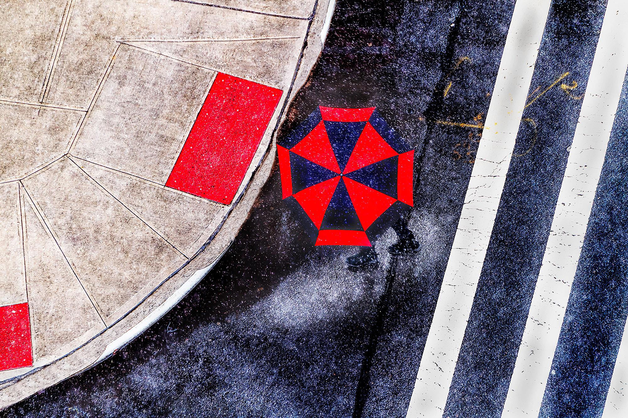 Mitchell Funk Abstract Photograph - Two Boots and an Umbrella -  Red and Black Color Field Photography