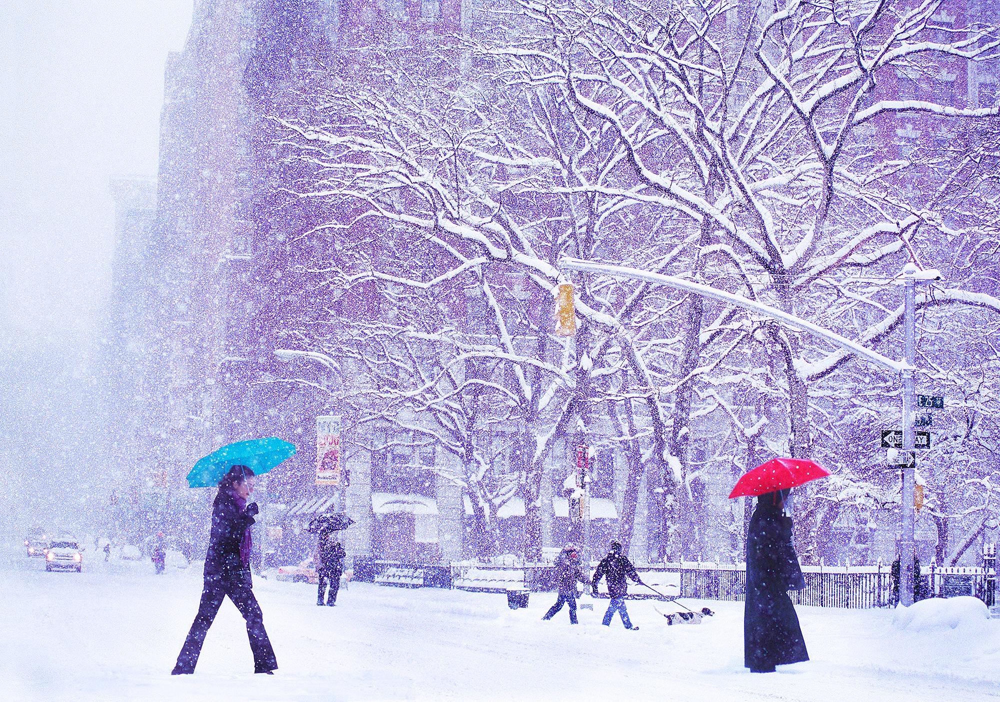 Mitchell Funk Landscape Photograph - Two Umbrellas in New York Snowstorm