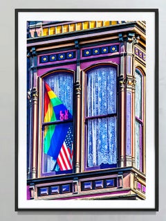 Victorian House Window With Pride Flag And American Flag, San Francisco